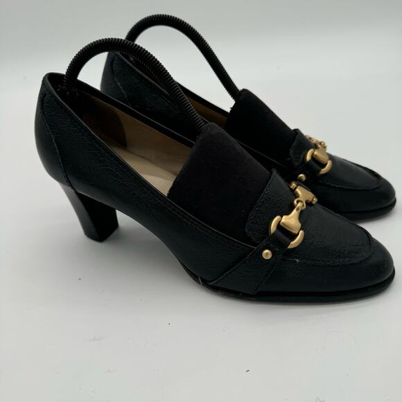 Talbots Gold Buckle Made in Brazil Textured Black Leather Pumps Classic 10 - Picture 1 of 6